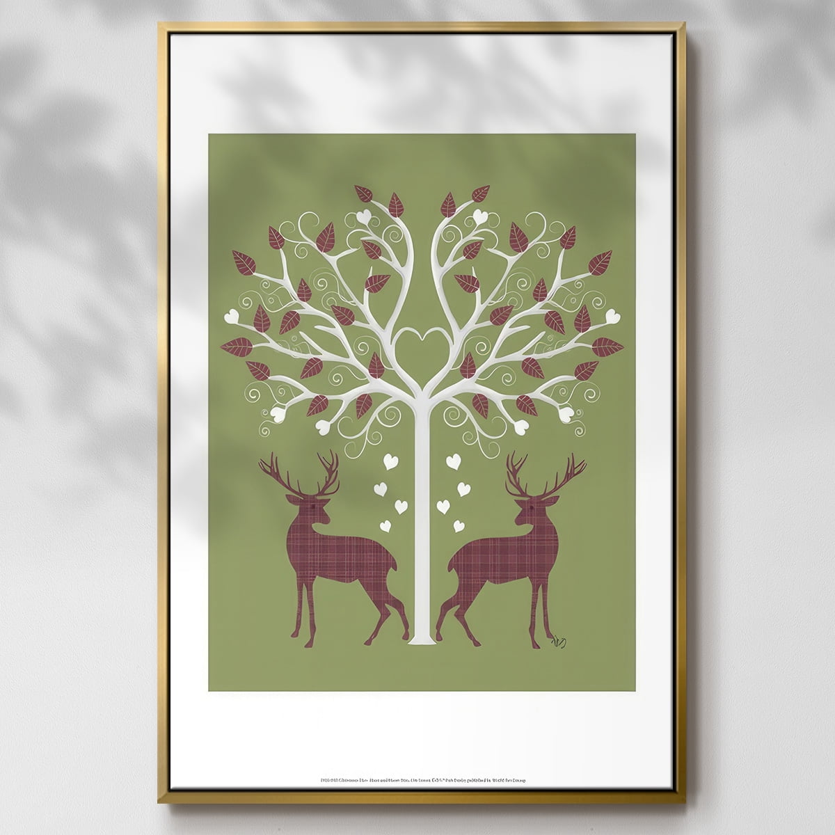 Christmas Des - Deer and Heart Tree, Pink On Green - Framed Gallery Wrapped Holiday Canvas - 25 x 37 - Gold Frame