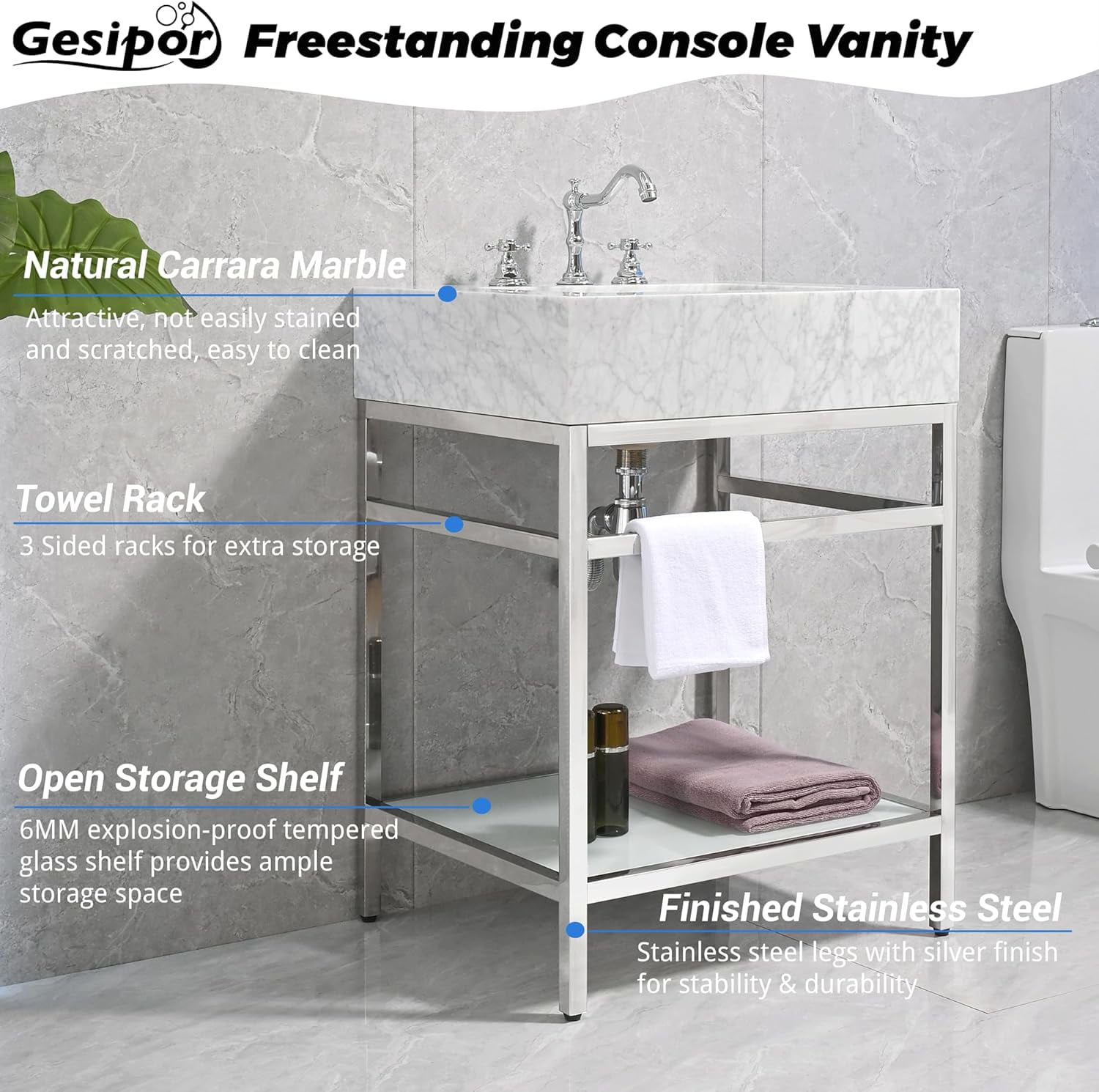 GGISHA 24"x 21"Freestanding Bathroom Vanity with Sink,Carrara Marble,Silver Frame,Tempered Glass Shelf