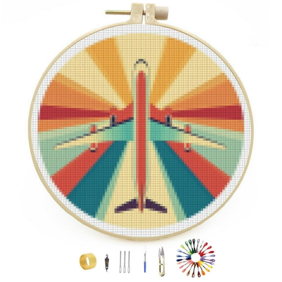 DIY Stamped Cross Stitch Kits Colorful Airplane Easy for Beginners with Hoop 11CT Counted Embroidery Needlepoint Crafts Arts for Handmade Enthusiasts and Home Decor 30x30cm(2)