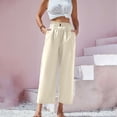 thumbnail image 6 of Palazzo Pants for Women 2026 Casual Cotton Linen Elastic High Waist Wide Straight Leg Flowy Cropped Pants with Pockets, 6 of 9