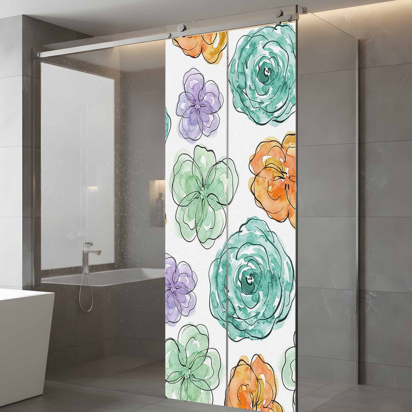 Abstraction Art Window Privacy Film, Watercolors Flowers Minimalist Lines Modern Frosted Glass Window Clings Static Cling UV Heat Blocking Reusable Door Sticker for Bathroom 23.6 x 59 Inch