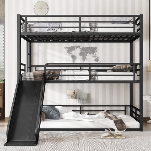 Full Size Adjustable Bed Base, Full over Full over Full Bunk Bed with Slide, Metal Triple Bunk Bed with Safety Guardrails, Heavy-duty Bunk Bed with Noise-reduced Design, Black, Black Bed Frames