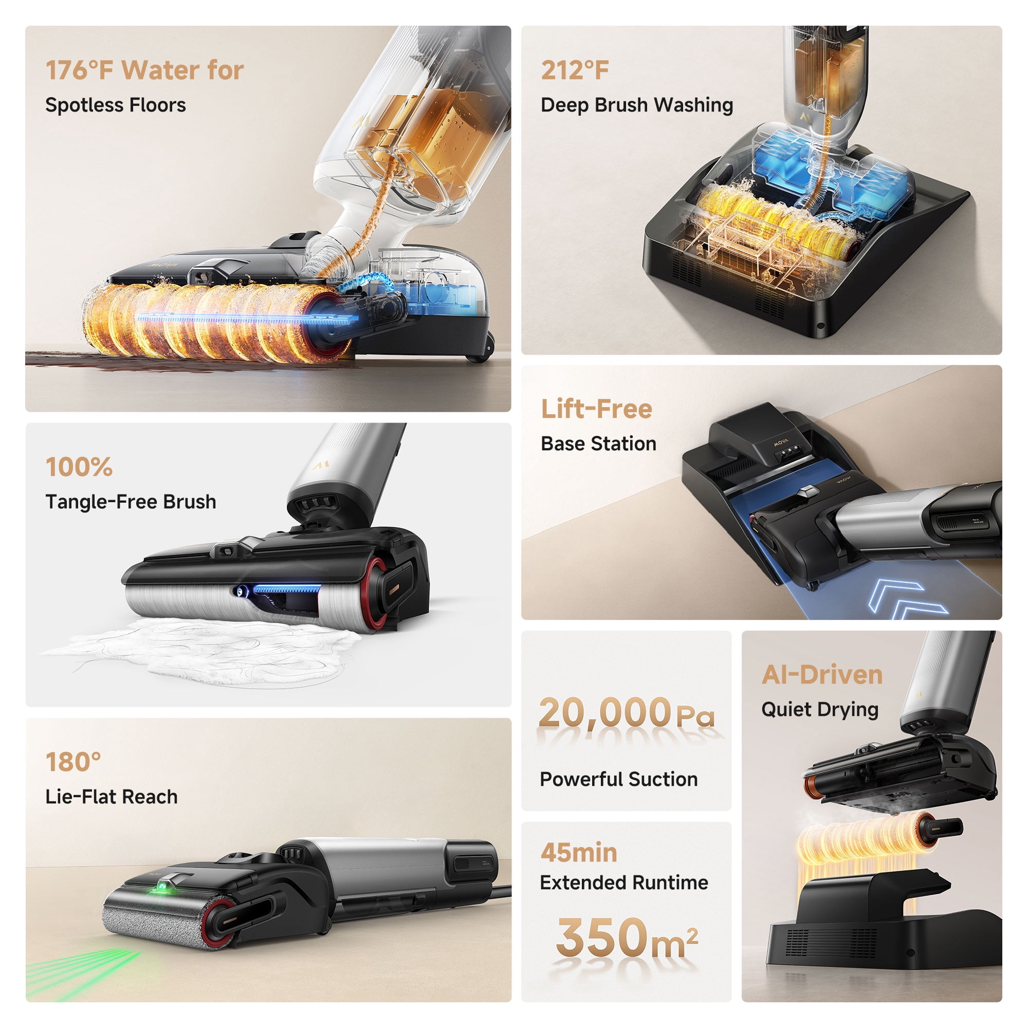 MOVA X4 Pro Wet Dry Vacuum, 20000Pa Suction with Zero Tangle, Hot Water Mopping for Sticky Messes,194℉ Hot Air Self Drying,
