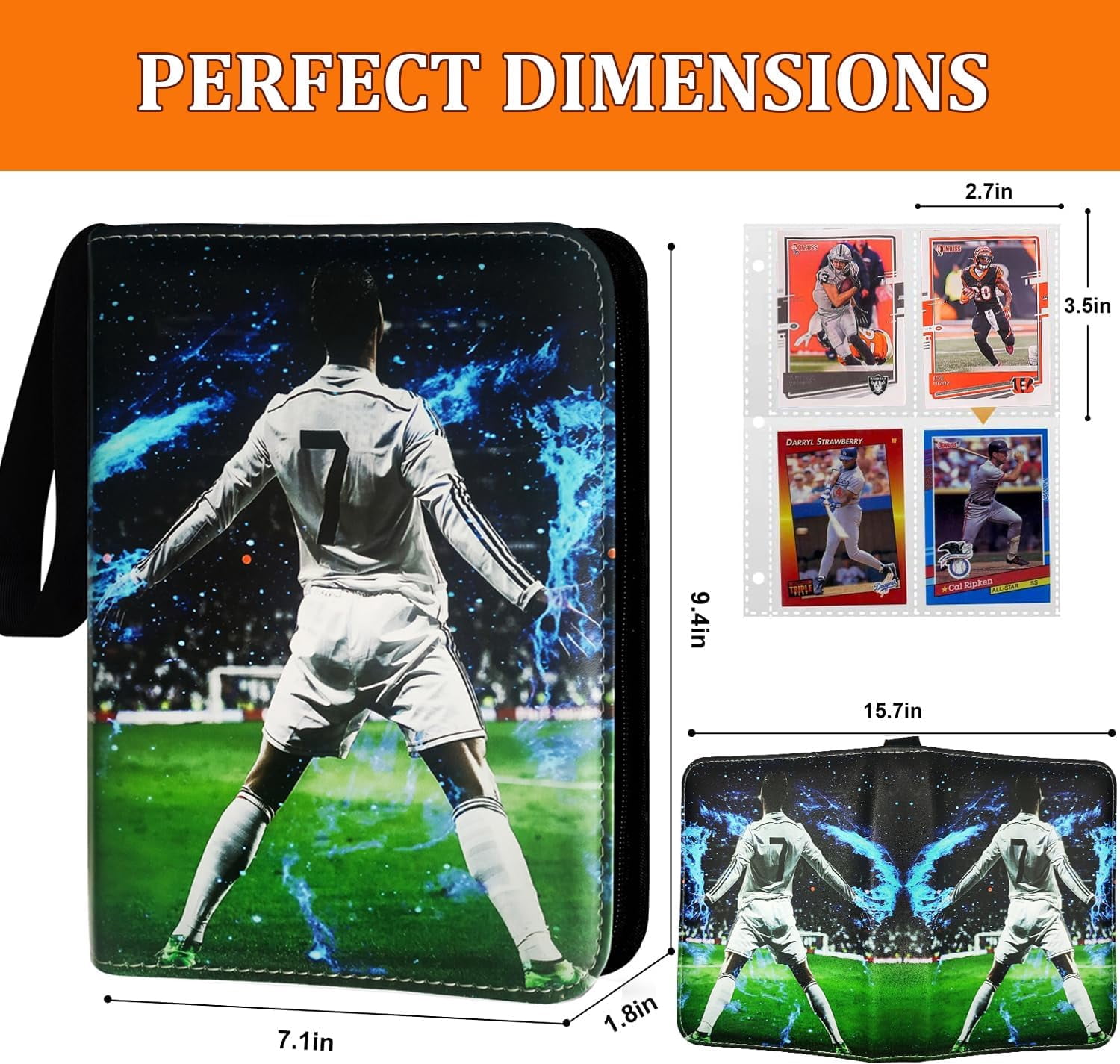 Soccer Card Binder 440 Pockets, 55 Sleeves Small Soccer Binder 3 Ring Zipper Trading Cards Holder 4 Pocket, Sport Card Collection Folder Book Storage Organizer, Album Case Protector Collector Gift