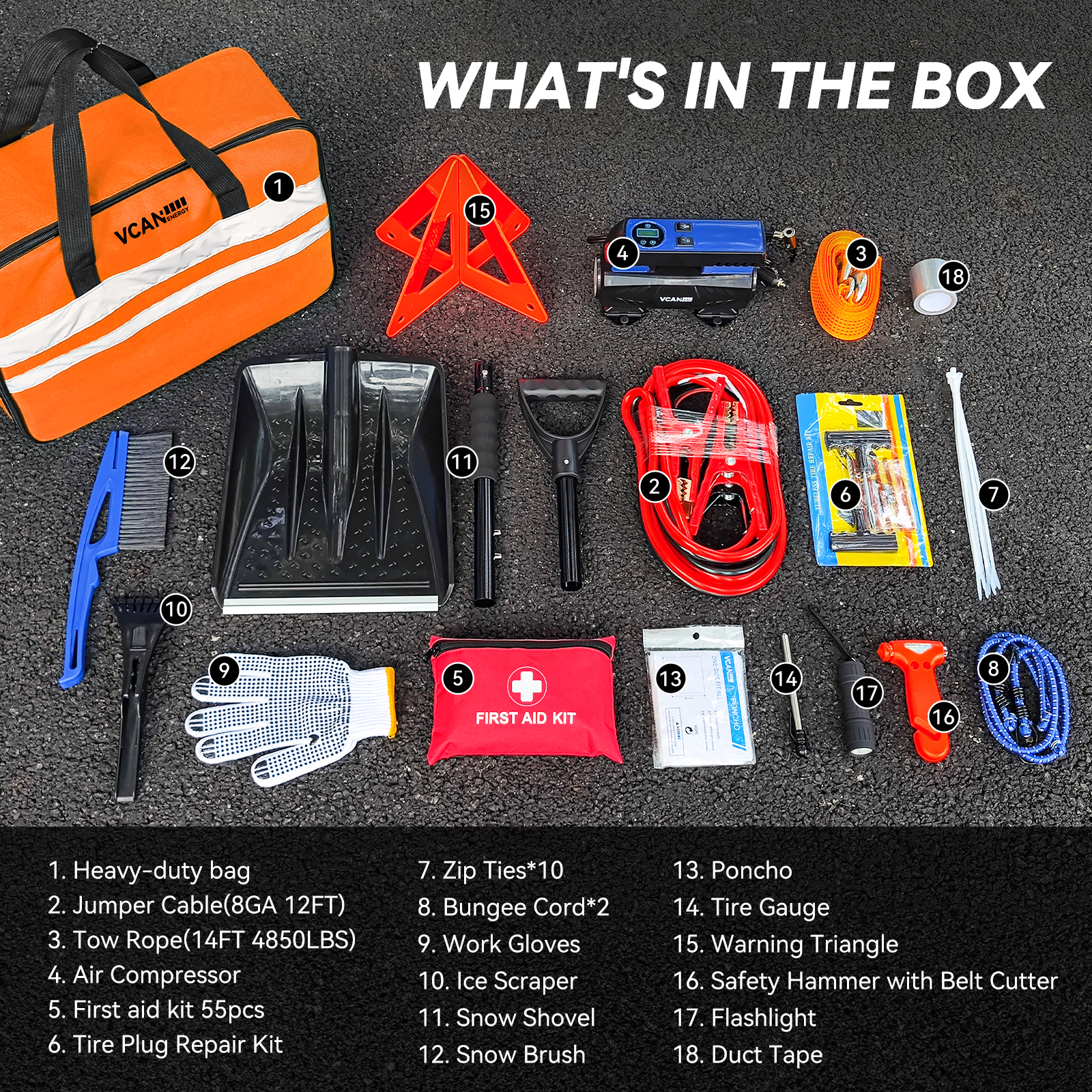 VCANENERGY 92-Piece Winter Car Safety Kit with Digital Air Compressor, Jumper Cables & Snow Shovel for Roadside Emergencies
