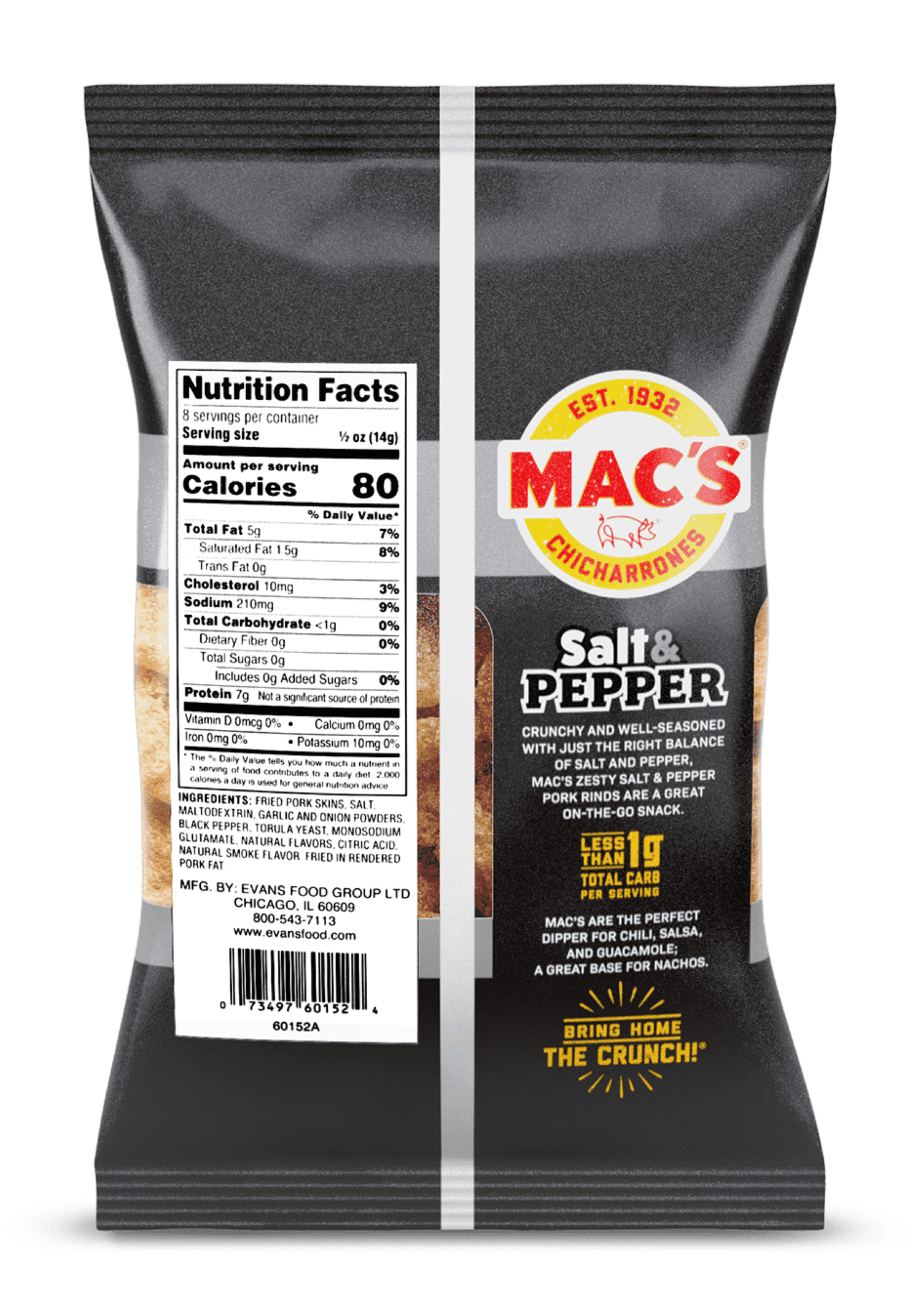 Mac's Salt and Pepper Chicharrones Pork Rinds, Pork Skins, 4 oz Bag