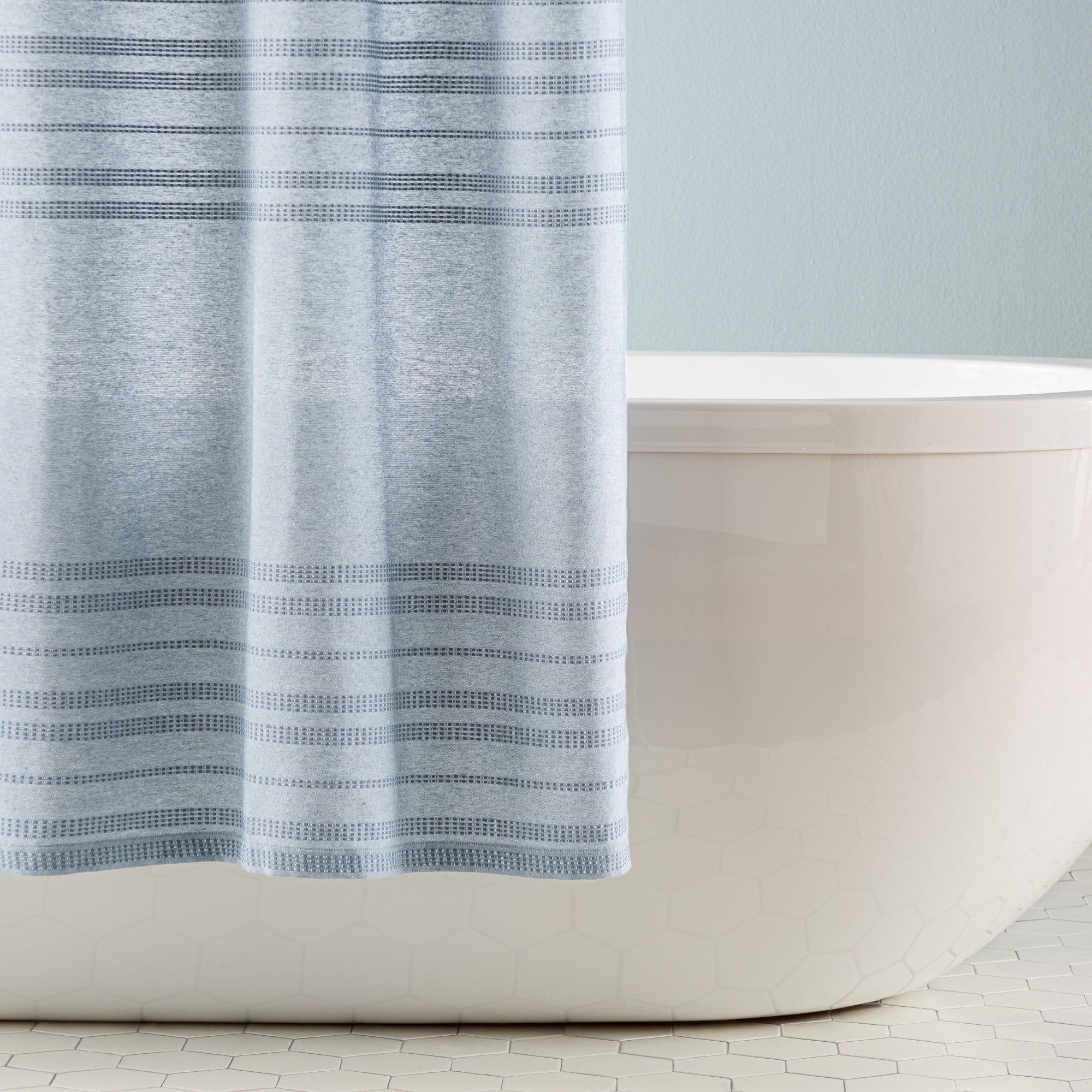 TOWN & COUNTRY EVERYDAY Sophia Textured Solid Cotton-Rich Breathable Fabric Shower Curtain with Reinforced Buttonhole Top Hem, Blue, 70"x72"