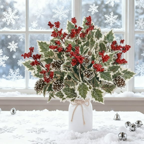 bestolf 6Pcs Artificial Plants with Holly Berries Pine Cones Faux Greenery Branch Fake Red Berries Green Plants Stems Christmas Decoration