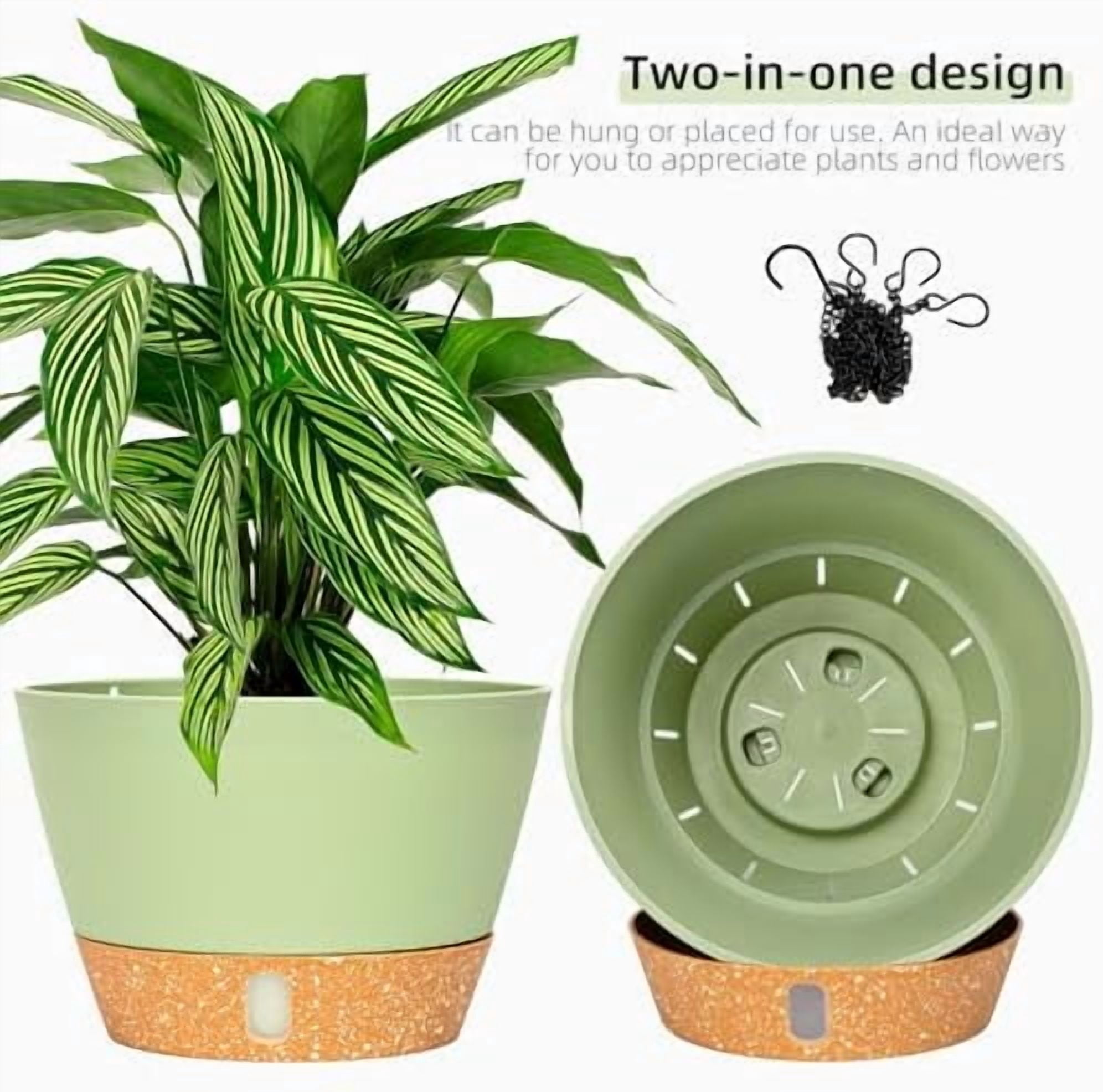 2 Pack Hanging Planters for Indoor Outdoor Plants, 8 Inch Hanging Baskets Flower Pots with Reservoir Tray & Visible Water-Level Green,8 inch
