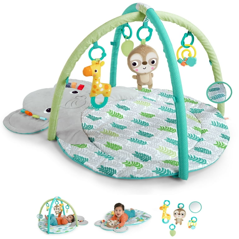Bright Starts Hug n Cuddle Elephant Activity Baby Gym and Tummy Time Play Mat with Take Along Toys Green Newborn