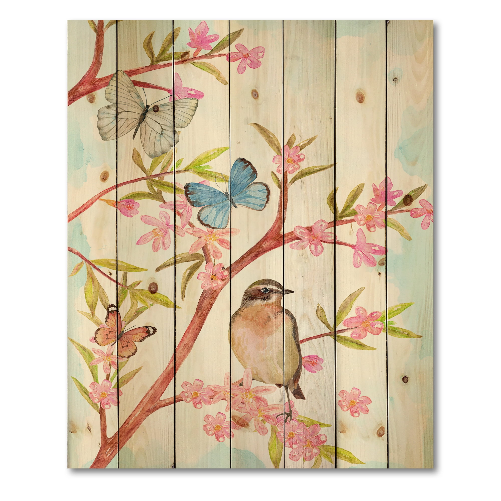 Designart 'Clever Bird Sitting On Branch of A Spring Tree With Butterflies' Traditional Print on Natural Pine Wood