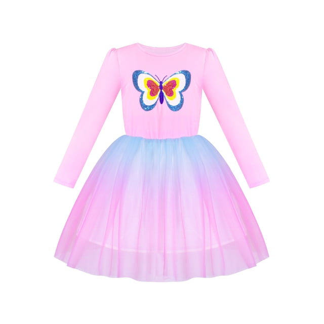 Girls Dress Blue Butterfly Sparkling Sequins Gradient Color Tulle 5 Years