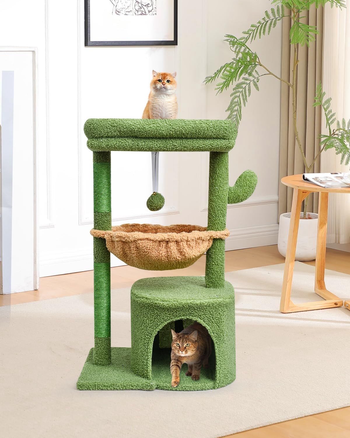 Cactus Cat Tree for Indoor Cats, Green Activity Cat Tower with Scratching Post for Kittens, Modern Cat Furniture with Basket & Hanging Ball for Play Rest