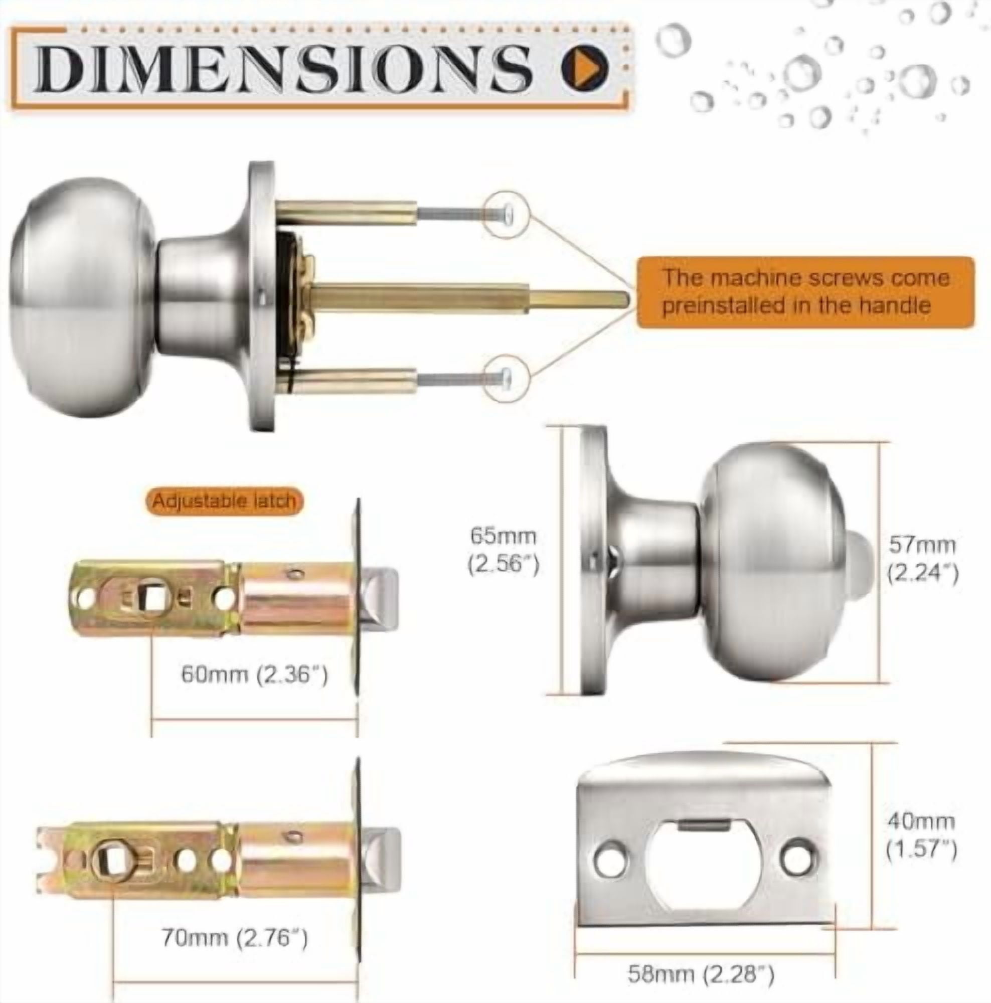 Brushed Nickel Bed/Bath Door Knobs, Satin Ball Door Knob, Interior Door Knobs for Bedroom Bathroom, Privacy Function, 10 Pack