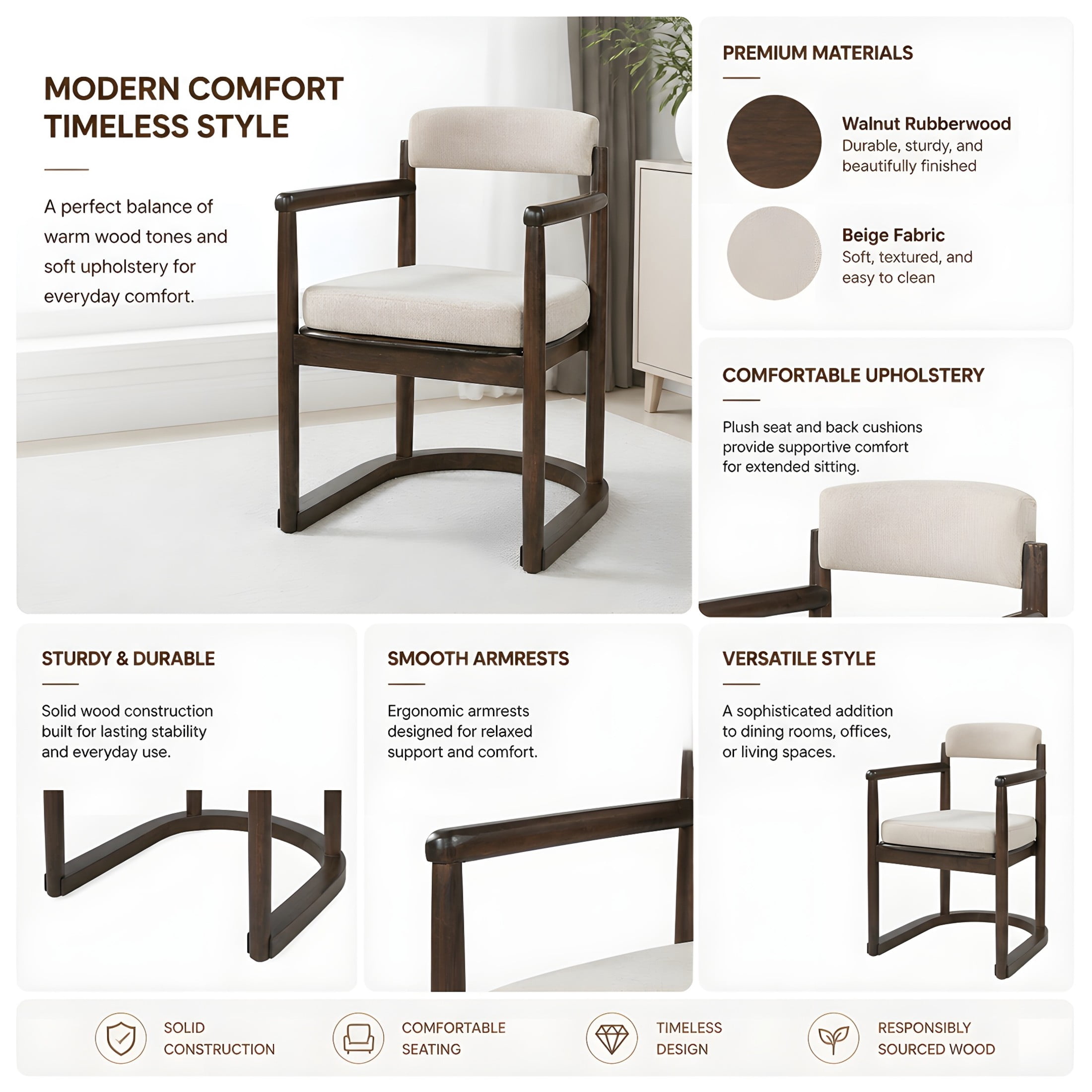 Christopher Knight Home 7-Piece Modern Wood Dining Table with Upholstered Chairs Set, Walnut+Beige