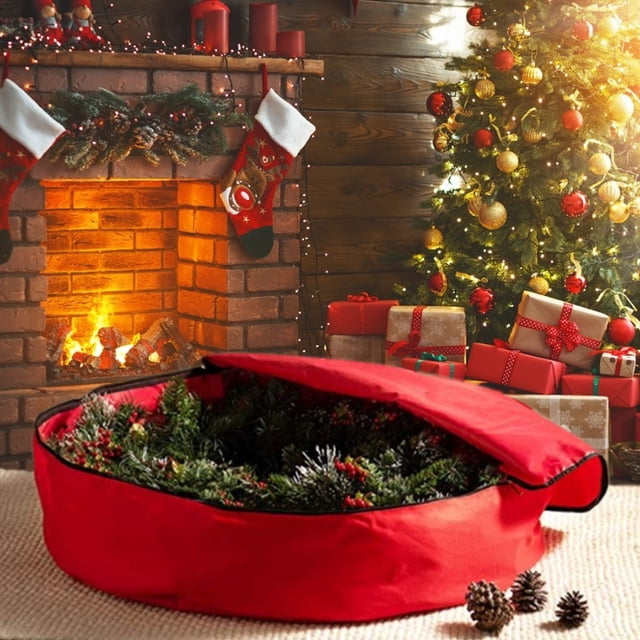 LHCER Garland Storage Bag,Red Christmas Gift Storage Bag Decoration Bell Wreath Garland Container Waterproof Dustproof
