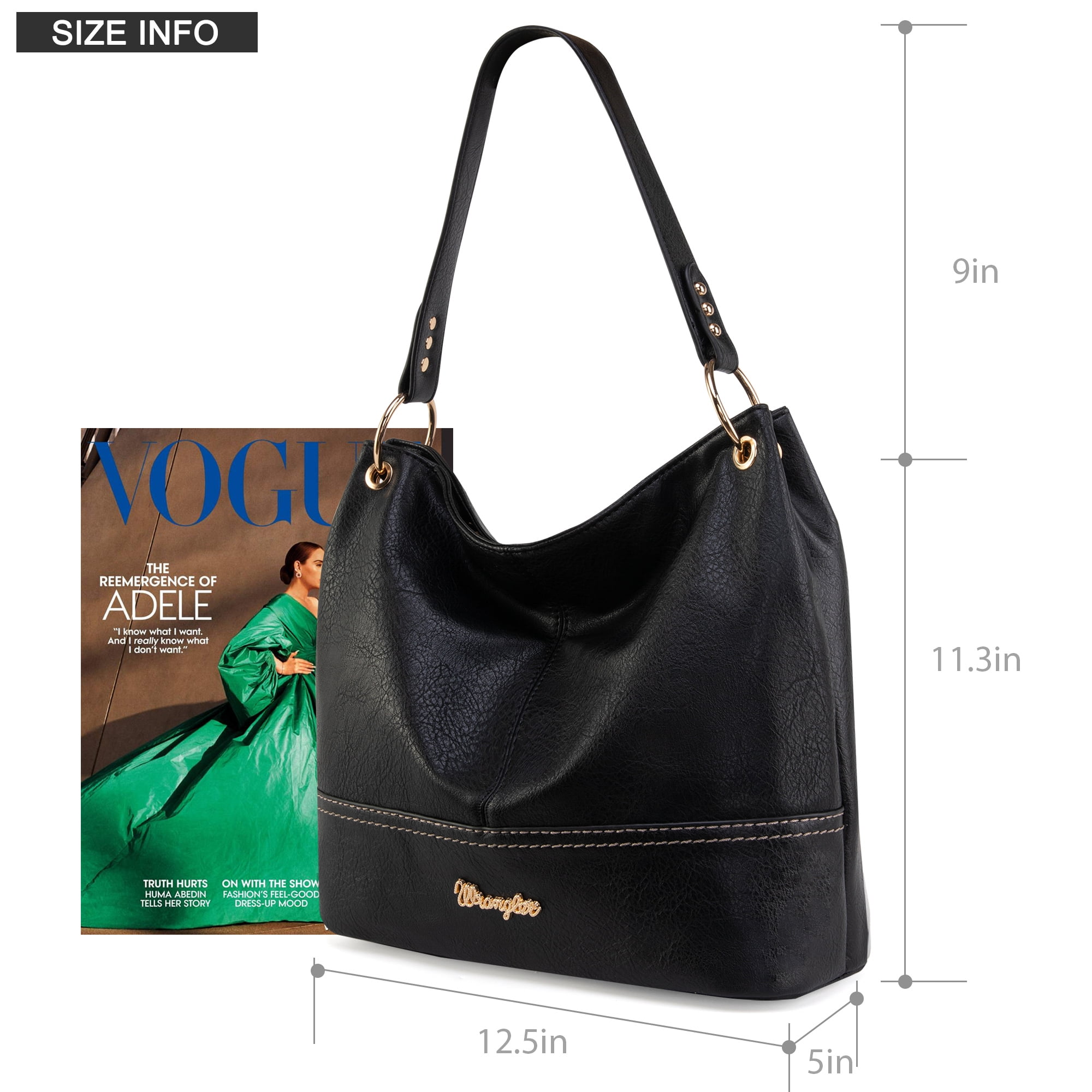 Wrangler Hobo Bags for Women Leather Tote Bag Shoulder Bag Top Handle Satchel Purses and Handbags, Solid Black