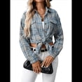 thumbnail image 3 of Camisa Abotonada para Mujer, Camisa A Cuadros, Larga, Solapa, Informal, para Negocios, Trabajo Azul S, 3 of 10