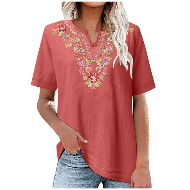 Penkiiy Mode T-shirt Blouse d'Été pour Femmes Col en V Manches Courtes Coton Lin Uni Décontracté Brodé S Rouge