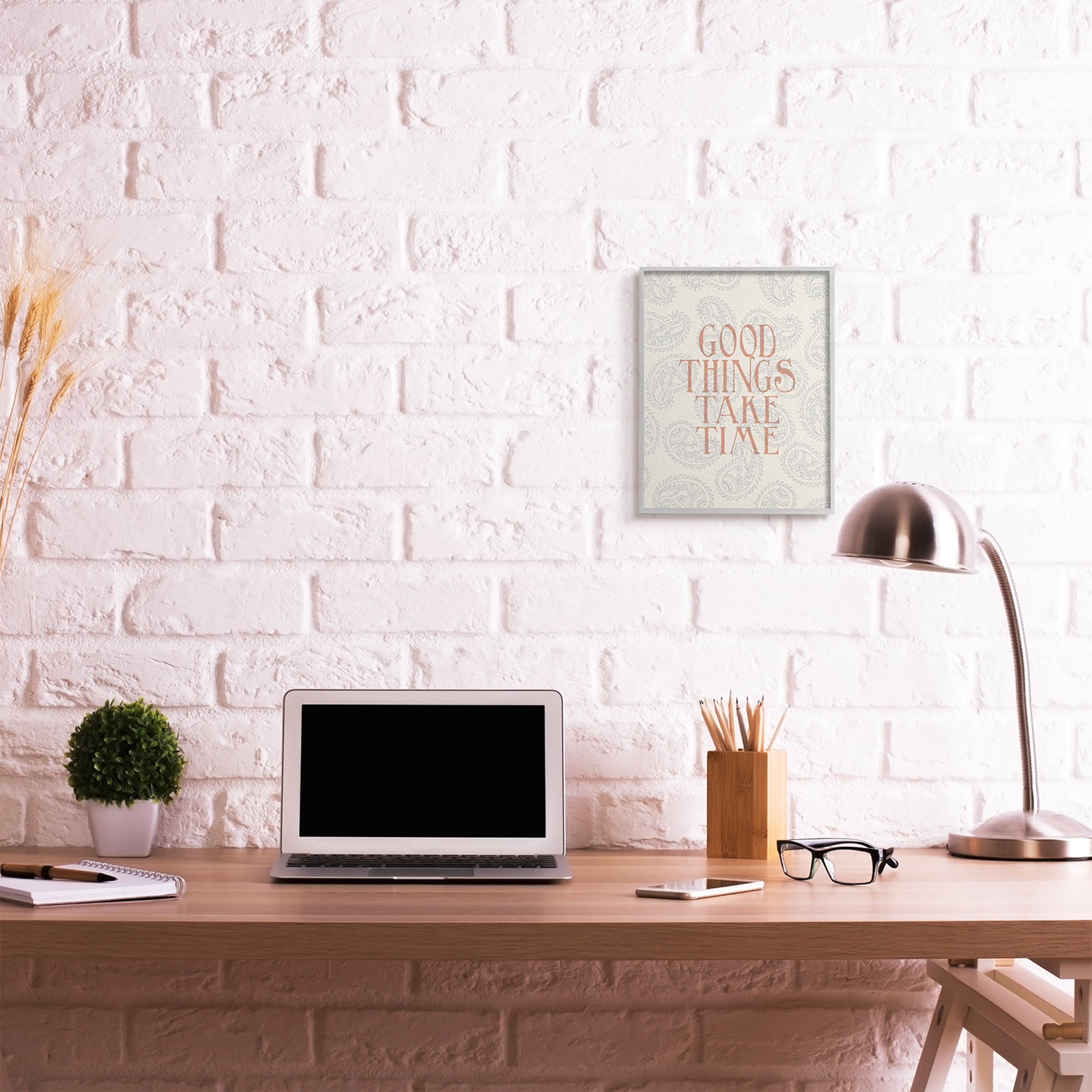 Stupell Industries Good Things Take Time Phrase Soft Paisley Pattern Inspirational Painting Gray Framed Art Print Wall Art, 11 x 14