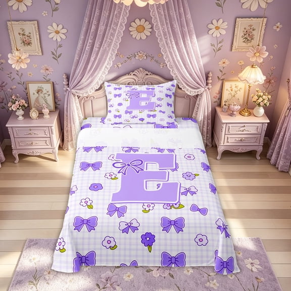 meiyoeat Cute Bow Letter E Twin Sheets, Floral Plaid Bedding for Kids Girls, Purple, Reversible, 1 Flat Sheet, 1 Fitted Sheet and 1 Pillowcase
