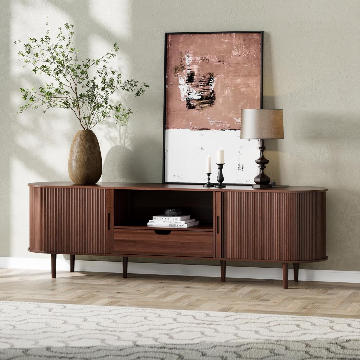 71" Mid-Century Modern Fluted TV Stand with Power Outlet, Sliding Door & Adjustable Shelves, for TVs up to 80 Inches, Walnut