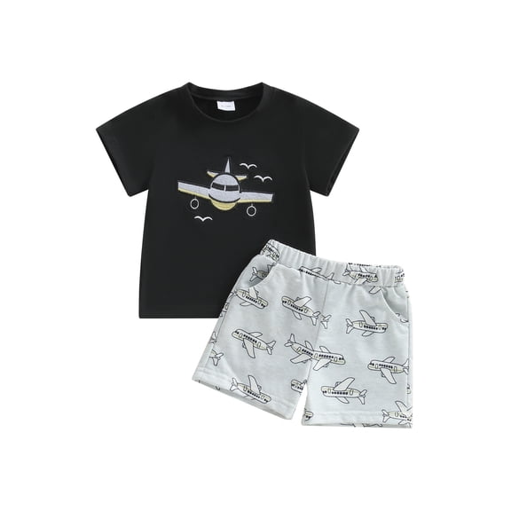 BemeyourBBs Toddler Boy Shorts Set Airplane Embroidered Short Sleeve Tops Shorts