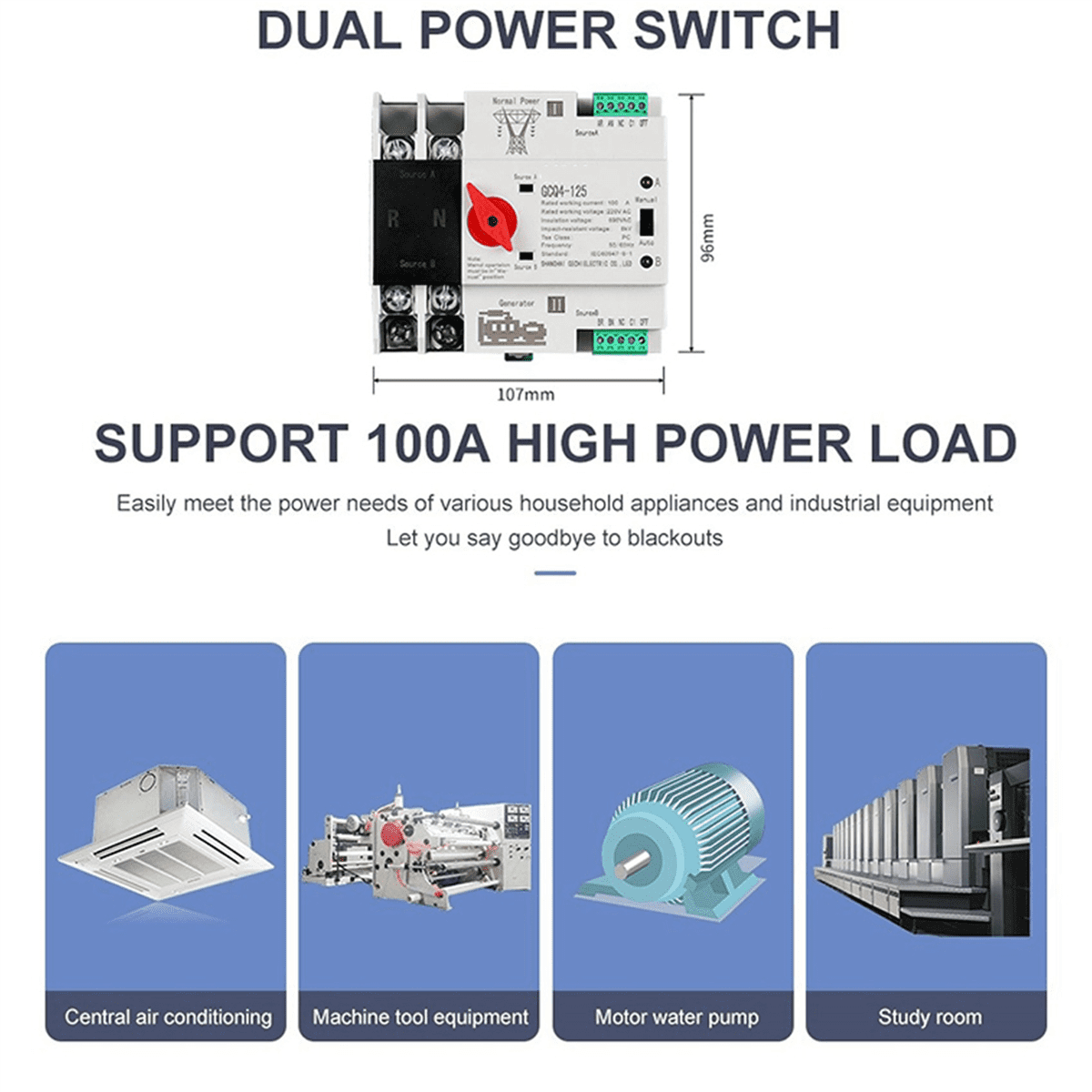 2X Single Phase Din Rail ATS 220V PC Dual Power Automatic Transfer Switch 2P 100A Household Power Transfer Switch