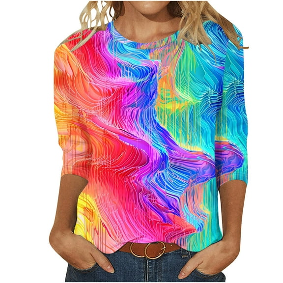 MaFYtyTPR Women's Fashion Printed T-shirt 3/4 Sleeves Blouse Round Neck Casual Tops New Edition Top Shirt Multicolor L
