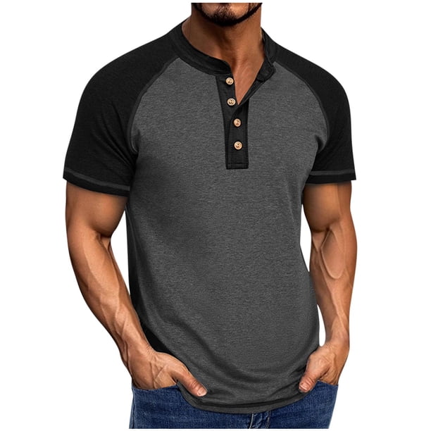Blusa de Manga Corta de los Hombres Botones de Color Sólido Al Aire Libre Respirable Cuello Redondo, Sudadera Suelta Casual para Diario
