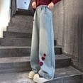 thumbnail image 5 of Generic Tween Girls Jeans Wide Leg Baggy Loose Denim Pants Heart Embroidery Y2K Elastic Waist Trousers Kids Streetwear Dance Washed, 5 of 5