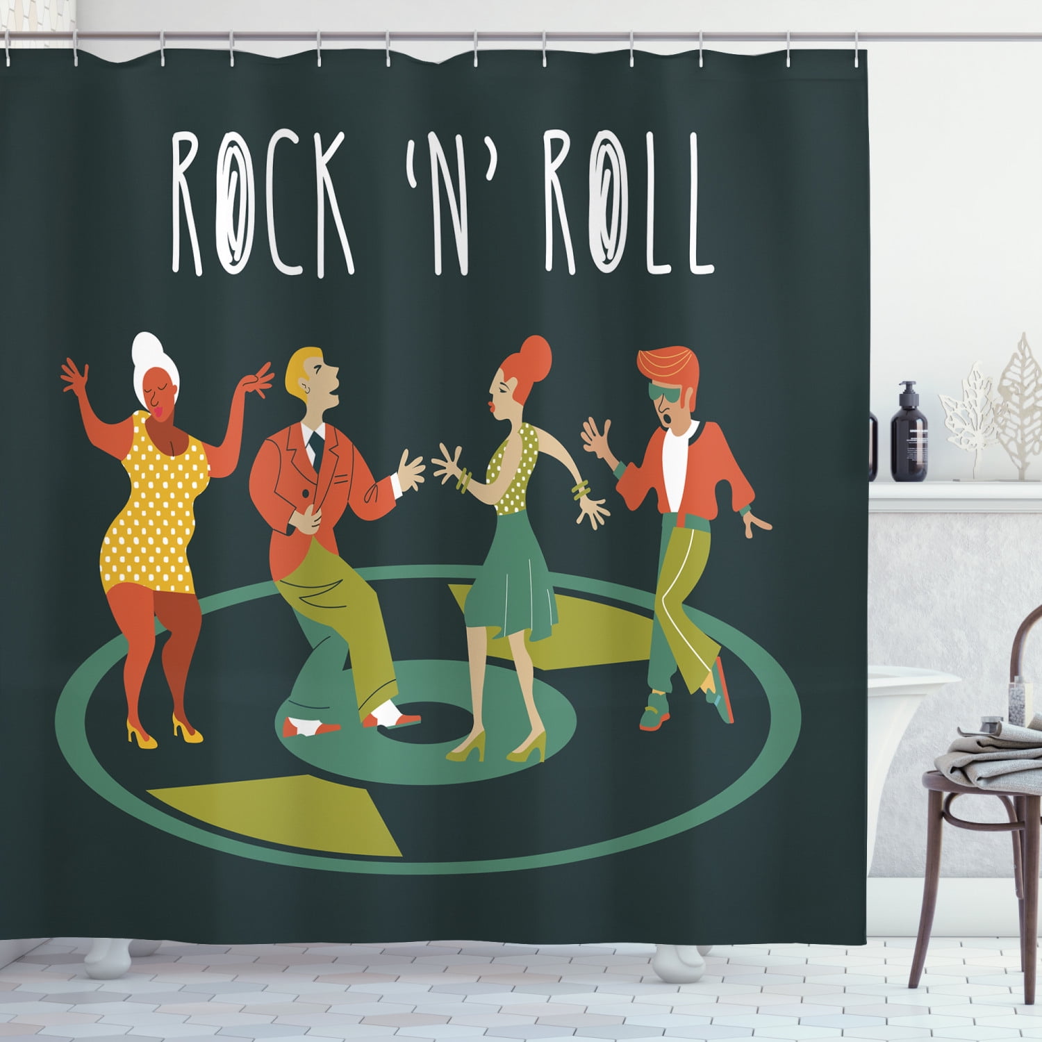 Rock and Roll Shower Curtain, Illustration of People Dancing at a