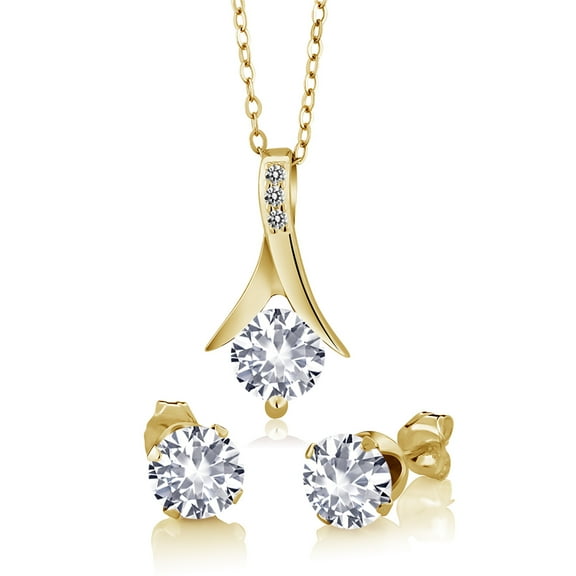 Gem Stone King 18K Yellow Gold Plated Silver Created Sapphire and White Diamond Pendant and Earrings Jewelry Set for Women | 3.65 Cttw | With 18 inch Chain