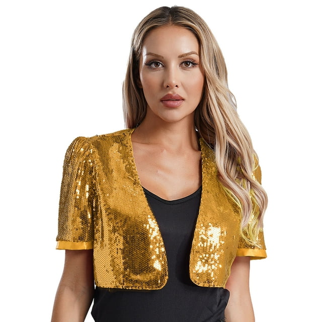 Runhomal Cardigan Court à Manches Courtes à Paillettes pour Femmes, Ouvert devant, pour Danse, Fête, Or TTG