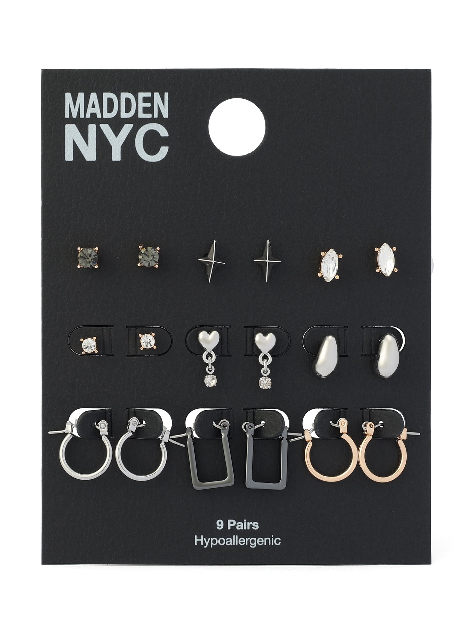 Madden NYC Women's Fashion Crystal Heart Stud & Hoop Earring 9-Piece Set