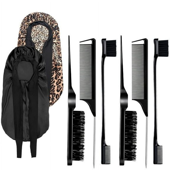 Goiple 5pcs Premier Haircare and Styling Collection for Womens: Black Hair Styling Combs (Teasing, Rat Tail, Edge Brush) for Hair Styling and  Satin Bonnets in Black and Leopard Patterns for Braid