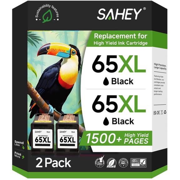 65XL Ink Cartridges Compatible for 65 Ink Cartridge for 65XL Black Ink Cartridge for Envy 5055 5000 5052 5014 Deskjet 3755 2652 3752 2655 AMP100 120 125 Printer(2 Black)