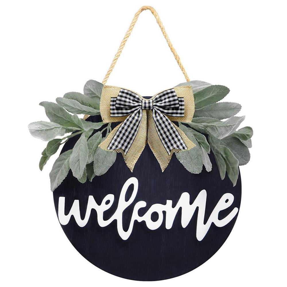 LSKYTOP 12Inch Welcome Sign Wreath with Artificial Green Plant Round Wood Sign Hanging Wreath for Farmhouse Porch Front Door Decor