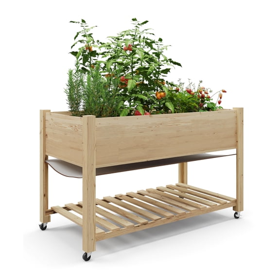 Mobile Wooden Raised Garden Bed Planter Box with Wheels – 48x24x32in Outdoor Elevated Planter, Storage Shelf, Liner – Ideal for Vegetables, Herbs, Flowers – Patio, Deck, Backyard, Natural wood color