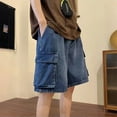 thumbnail image 6 of Jean Shorts Men Baggy Drawstring Knee Length Wide Leg Cargo Jeans Shorts Casual Summer Loose Fit Street Men's Denim Shorts, 6 of 9