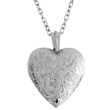 Locket Pendant Necklace Charm 1.5" Engraved Flowers Heart Shape + 28 Inch Chain