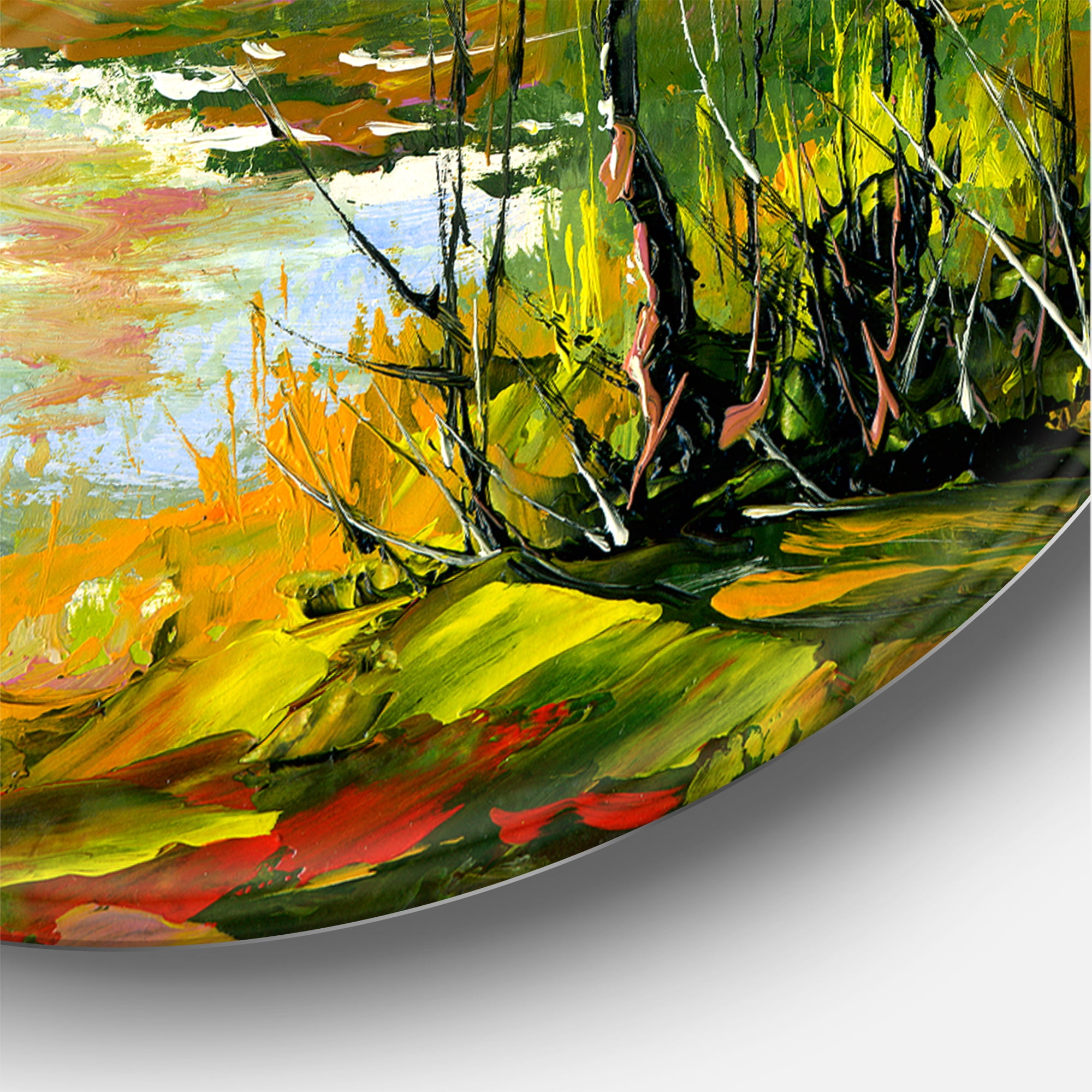 Designart 'Autumn Landscape With Forest and River' Lake House Circle Metal Wall Art 36x36 - Disc of 36