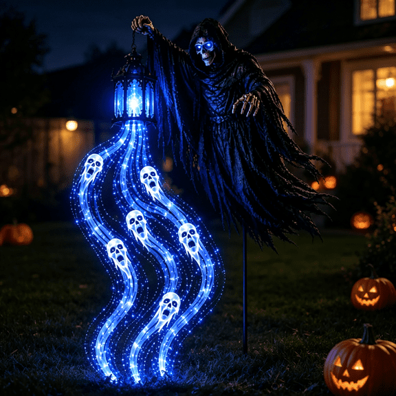 Halloween Soul Harvester Animated Garden Light,Solar Powered Outdoor Haunted Decoration with Flowing Ghostly Light Effect,Automatic Dusk to Dawn Yard Display for Front Lawn Walkway Porch