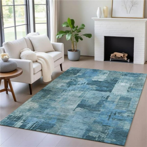 HomeRoots 630768 8 x 10 ft. Blue & Ivory Abstract Washable Indoor & Outdoor Rectangle Area Rug