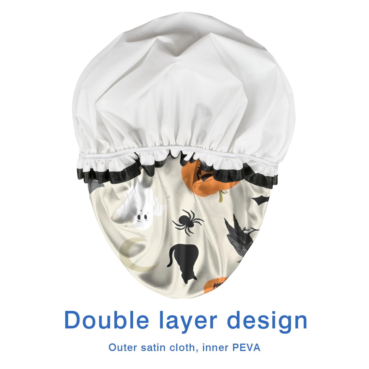 Shower Caps,Beige Halloween Pumpkins Ghosts and Bats Waterproof Shower Cap for Women 4 Pieces,Double Reusable Hair Cover for Shower PEVA Elastic Stretch Hem