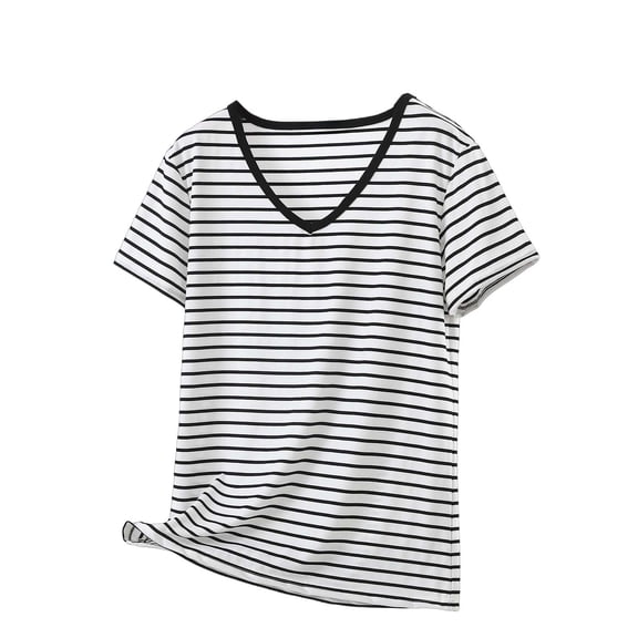 yillto Women Plus Size Striped Tops Short Sleeve Baggy Shirts V Neck Casual Tees Spring Summer Basic Tshirts
