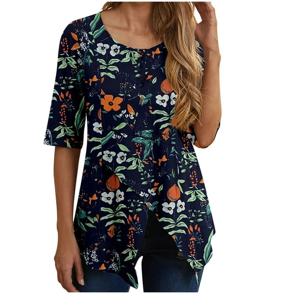 Wenini Womens Tops Dressy Casual Fashion Irregular Slit Hem Lightweight Tunic Tops Short Sleeve Crewneck Shirts Floral Print Summer Blouse Dark Blue l