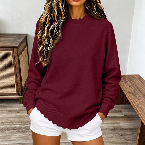 ISUHAZBO Womens Knit Pullover Sweater Scalloped Edge Long Sleeve Lightweight Loose Sweater for Fall Casual Outfits Fall Winter Clothes M