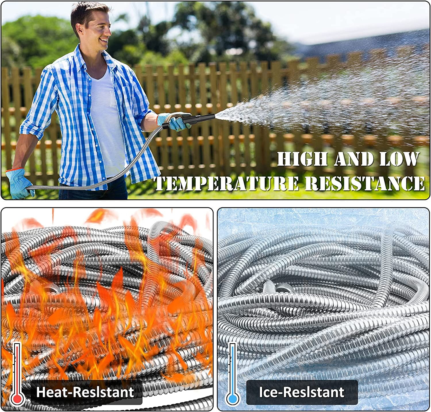 Metal Garden Hose 50ft with Adjustable Nozzle,  Stainless Steel Water Hose, No Kinks & Tangles, Easy to Store with Strap