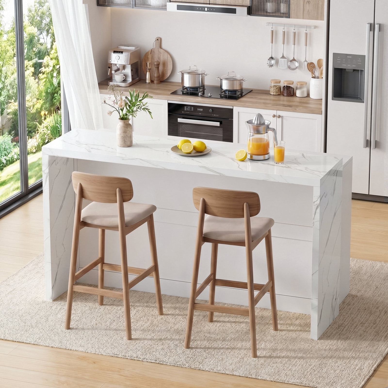 ROGALIS 63"Kitchen Island with Storage, Marble Countertop, Built-in Power Outlet, USB Charging & Trash Cabinet, Multi-Use Island Table for Kitchen Dining Room Living Room,White